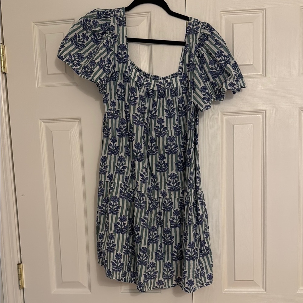 Ophelia & Indigo Striped Floral Dress with Puff Sleeves